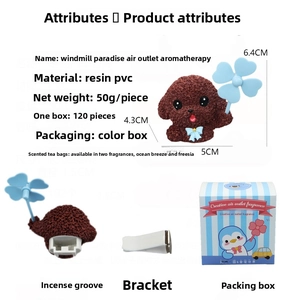 Detail view of teddy dog car air vent clip with blue windmill and retail packaging box