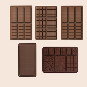 Macro view of five different rectangular food-grade silicone chocolate bar molds