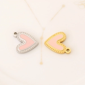 DIY stainless steel heart charms with pink enamel and beaded edge for jewelry making