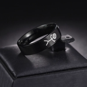 Polished black titanium steel ring featuring a laser-engraved stick figure punk design