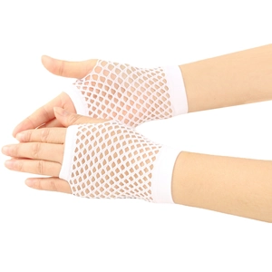 Close-up of white fishnet fingerless gloves showing detailed mesh texture and elastic cuff