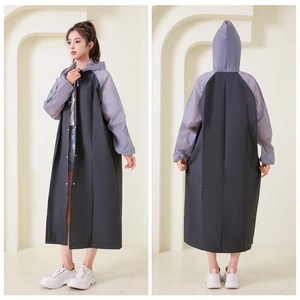 Front and back views of a thick EVA hooded raincoat featuring a stylish contrast color design