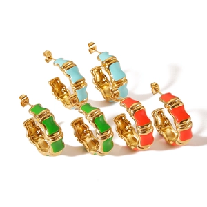 Bamboo style C-shaped stainless steel earrings with colorful enamel in blue and green