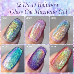 Detail display of six shades of rainbow glass cat eye magnetic gel for nail art