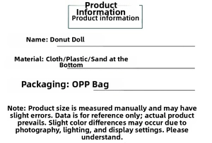 Specifications table for donut gnome doll showing fabric material and sand-filled base