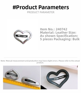 Detailed view showing silver leather heart hair clips with colorful polka dots pattern