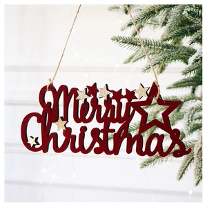 Detail of red Merry Christmas wooden hanging ornament with golden glitter stars
