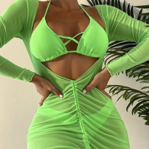 Three-piece fluorescent green bikini set with long sleeve mesh dress and drawstring cutout