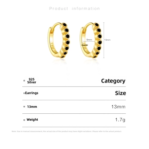 Détails des boucles d'oreilles créoles en argent S925 avec zircons noirs et dimensions