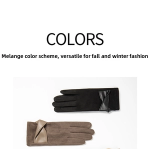 Vue détaillée des gants d'hiver en suédine avec nœud élégant en noir et marron
