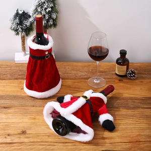 Christmas wine bottle covers in dress and suit style with red velvet and white faux fur trim