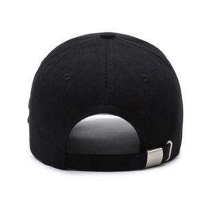 Rear view of a black cotton baseball cap showing six-panel structure and adjustable metal buckle