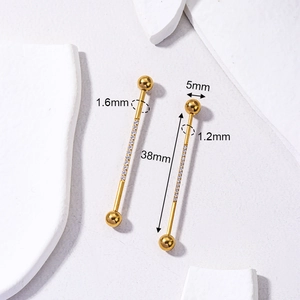 Golden stainless steel industrial barbell earring with zircon inlay and detailed measurements