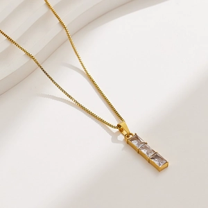 Vintage Gold Plated Stainless Steel Pendant Necklace With Vertical Rectangular Zircons Elegant Box Chain For Women