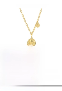 Macro shot of S925 silver 18k gold necklace with vintage coin queen portrait pendant