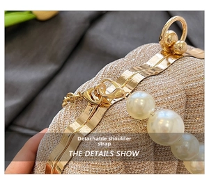 Detail of gold sequin shell bag featuring a luxury detachable large pearl chain strap