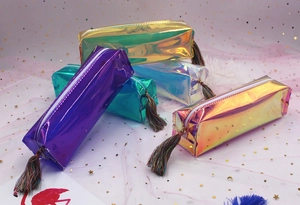 Iridescent laser pencil case set with tassels and high-shine colorful PVC texture
