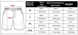 Detailed size chart for men's beach shorts including waist and length measurements