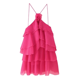 Elegant rose red halter mini dress with 3D floral accent and tiered ruffle layers
