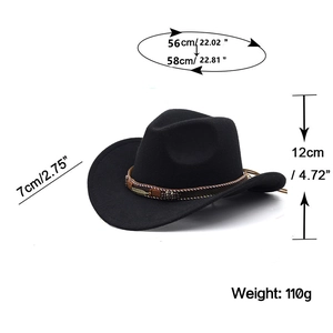 Western cowboy felt hat with metal feather detail showing size dimensions and fit specs