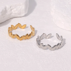 Minimalist Leaf Open Ring Stainless Steel 18K Gold Plated Adjustable Laurel Wreath Jewelry For Women