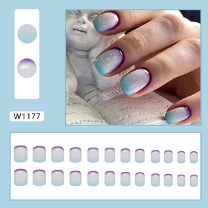 Short french gradient press-on nails set in stylish purple and blue tones, 24 piece kit