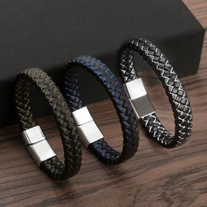 Men Woven Leather Bracelet Alloy Magnetic Clasp Handmade Casual Fashion Minimalist Bangle Jewelry