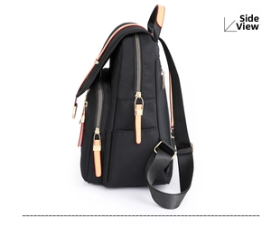 Side view of black Oxford backpack with orange leather pulls and multi-zipper pockets