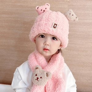 Pink knitted baby winter set with fleece lining, bear ears hat and matching scarf
