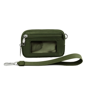 Close-up of army green nylon wallet with clear card slot and woven wrist strap