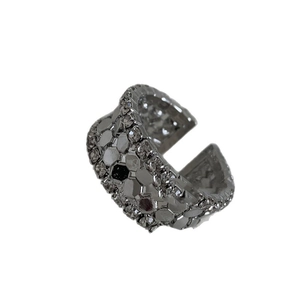 Minimalist silver multilayer zircon open cuff bracelet with honeycomb metal texture