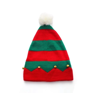 Christmas elf knit hat with red and green stripes, white pompom, and small gold bells