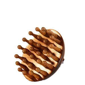 Handcrafted sandalwood hair massage comb with round wooden teeth and natural grain texture