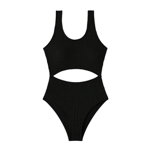 Black ribbed one-piece swimsuit with midriff cutout and high-cut leg for women