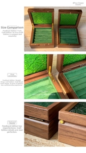 Detailed views of walnut jewelry boxes featuring green velvet lining and glass lids