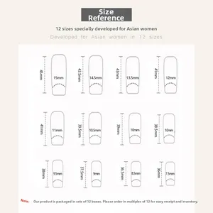 Size chart for glitter press-on nails showing 12 different lengths from 36mm to 45mm