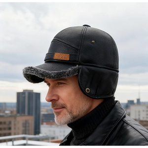 Close-up of men's winter leather earflap hat with warm grey faux fur lining and metal buckle