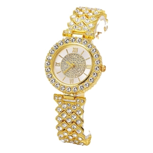Reloj de lujo dorado para mujer con cristales y brazalete con diseño en X