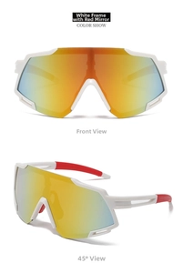 Macro detail of white frame outdoor cycling sunglasses with red mirrored lenses