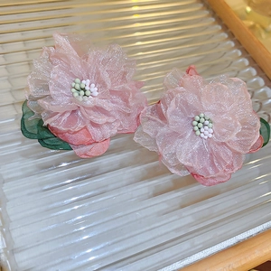 Elegant 925 silver needle fabric flower earrings in soft pink silk with green leaf accents