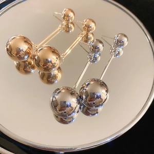 Minimalist double metal ball long drop earrings in gold and silver mirror finish