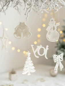 Close-up of white glitter Christmas ornaments including stars, bells and Joy sign