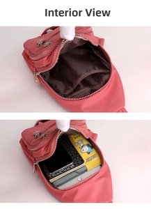 Internal display of pink nylon crossbody chest bag showing main compartment and storage capacity