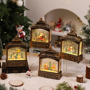 Vintage bronze Christmas lanterns set with Santa and snowman scenes, LED snow globe lights