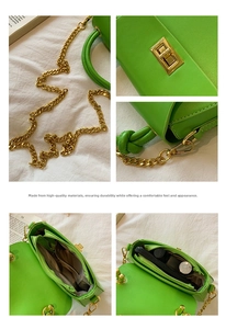 Detail view of green leather handbag showing gold chain and interior compartments
