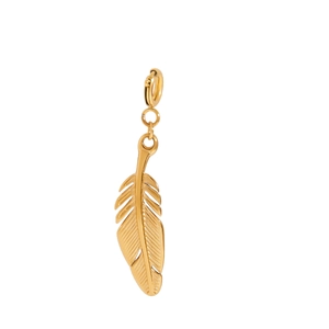 Macro shot of gold feather pendant with spring clasp and detailed metal texture