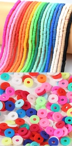 Macro view of colorful flat round polymer clay spacer beads for DIY jewelry making
