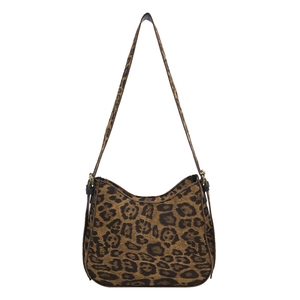 Chic leopard print shoulder bag with brown fabric pattern and gold-tone hardware on white background