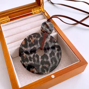 Leopard Print Round Acrylic Pendant Necklace With Faux Suede Leather Cord Geometric Ring Sweater Chain For Women