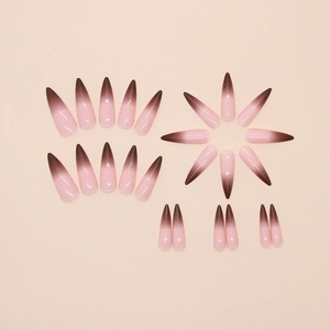 Faux ongles amande longs dégradé rose à marron, lot de 24 pièces style sophistiqué